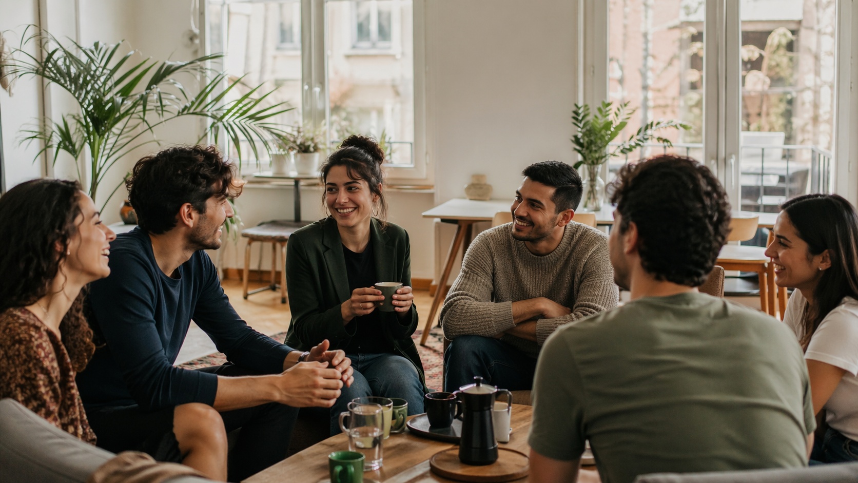 Grupo de personas felices en una vivienda compartida de Berlín